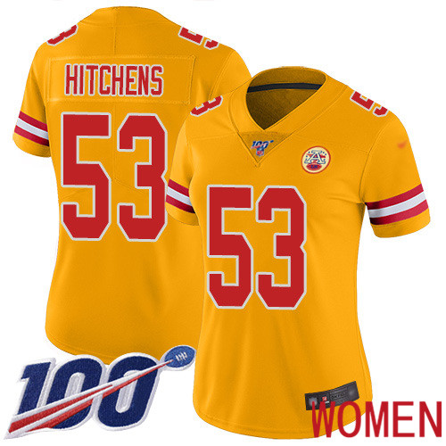 Women Kansas City Chiefs #53 Hitchens Anthony Limited Gold Inverted Legend 100th Season Nike NFL Jersey